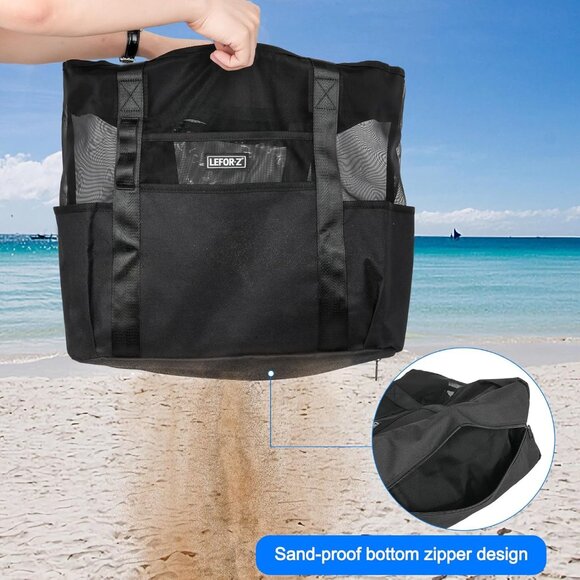 Women's Black Mesh Beach Tote Waterproof Sandproof Foldable Beach Bag - Picture 4 of 8